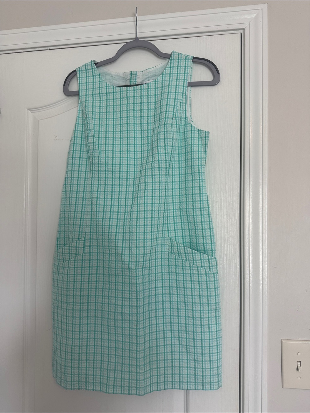Southern Tide Teal Gingham Seersucker Dress with Front Pockets and Gold Zip
